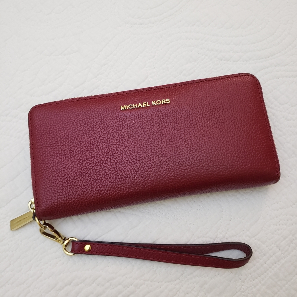Michael Michael Kors Mercer Cherry Red Travel Continental Leather Wallet